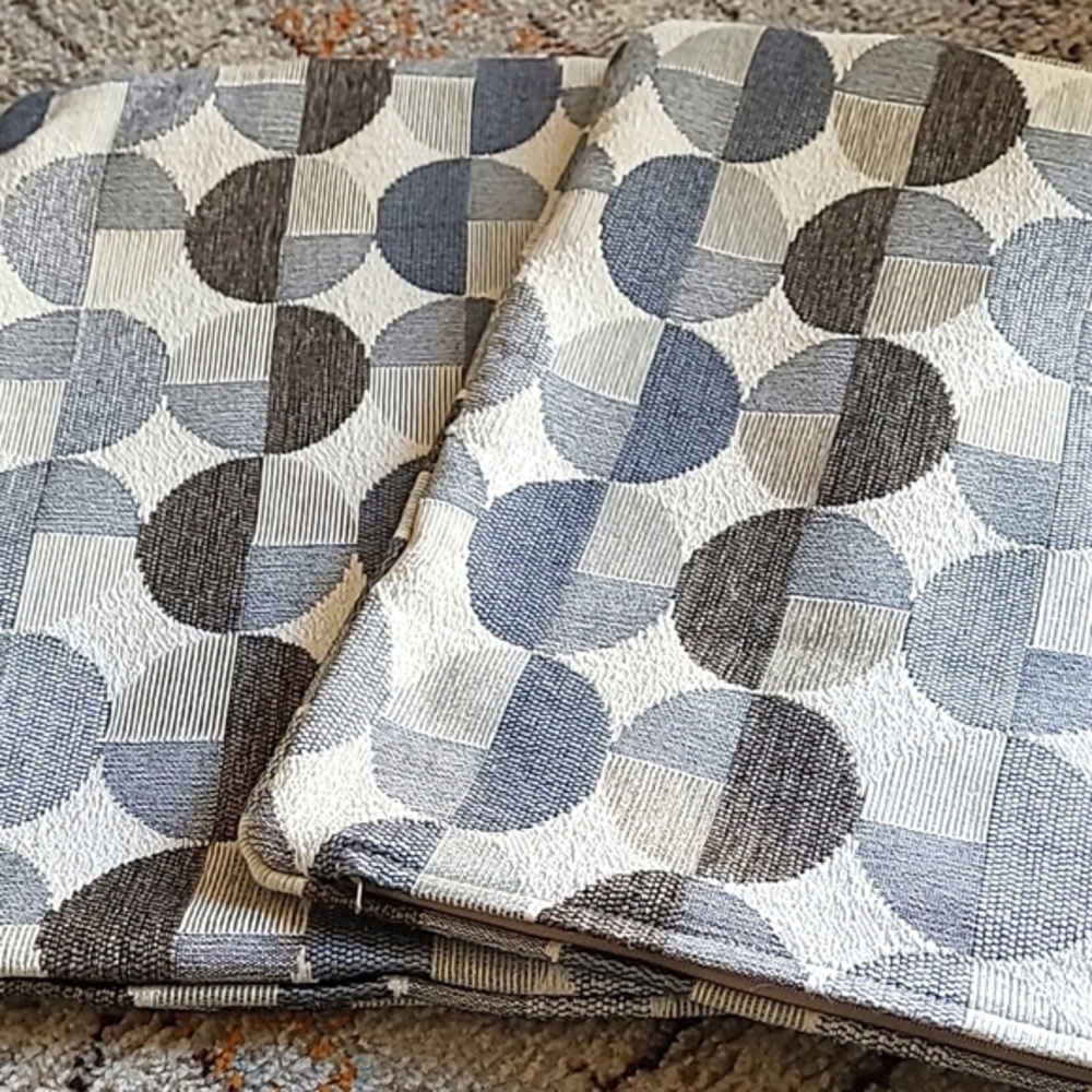 2 Upholstery Pillow Covers Geometric Cream Tan Gray Brown Blue 19"